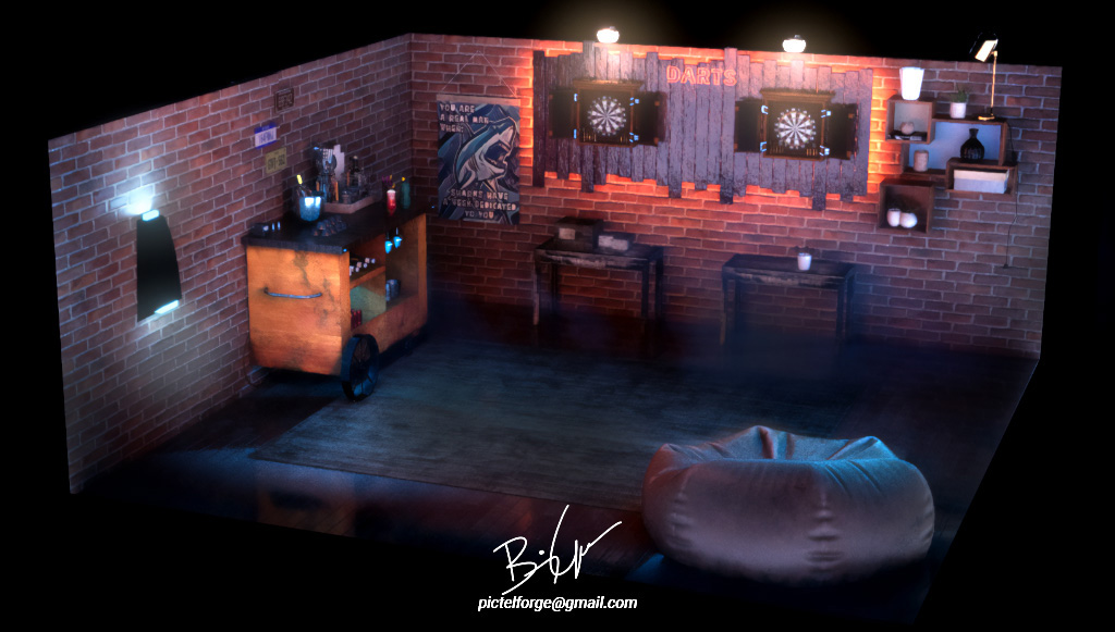 3D models and rendering of a scene with lighting