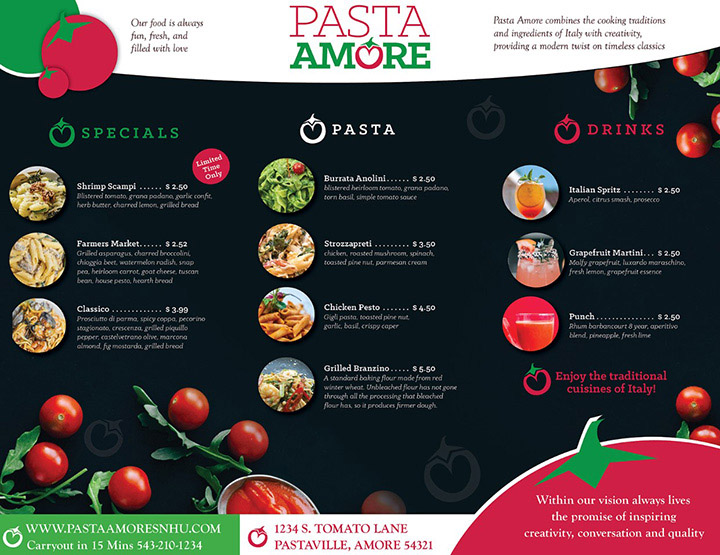 Pasta Amore menu and stationary design by Brian Chapman